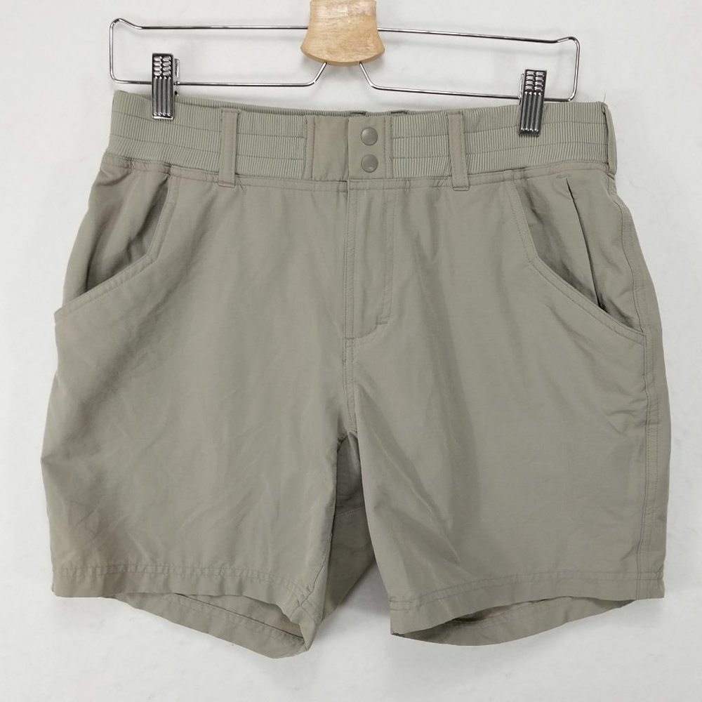 Simms Fishing Shorts Women Medium 6 Beige Gray Elastic Waist Performance Stretch